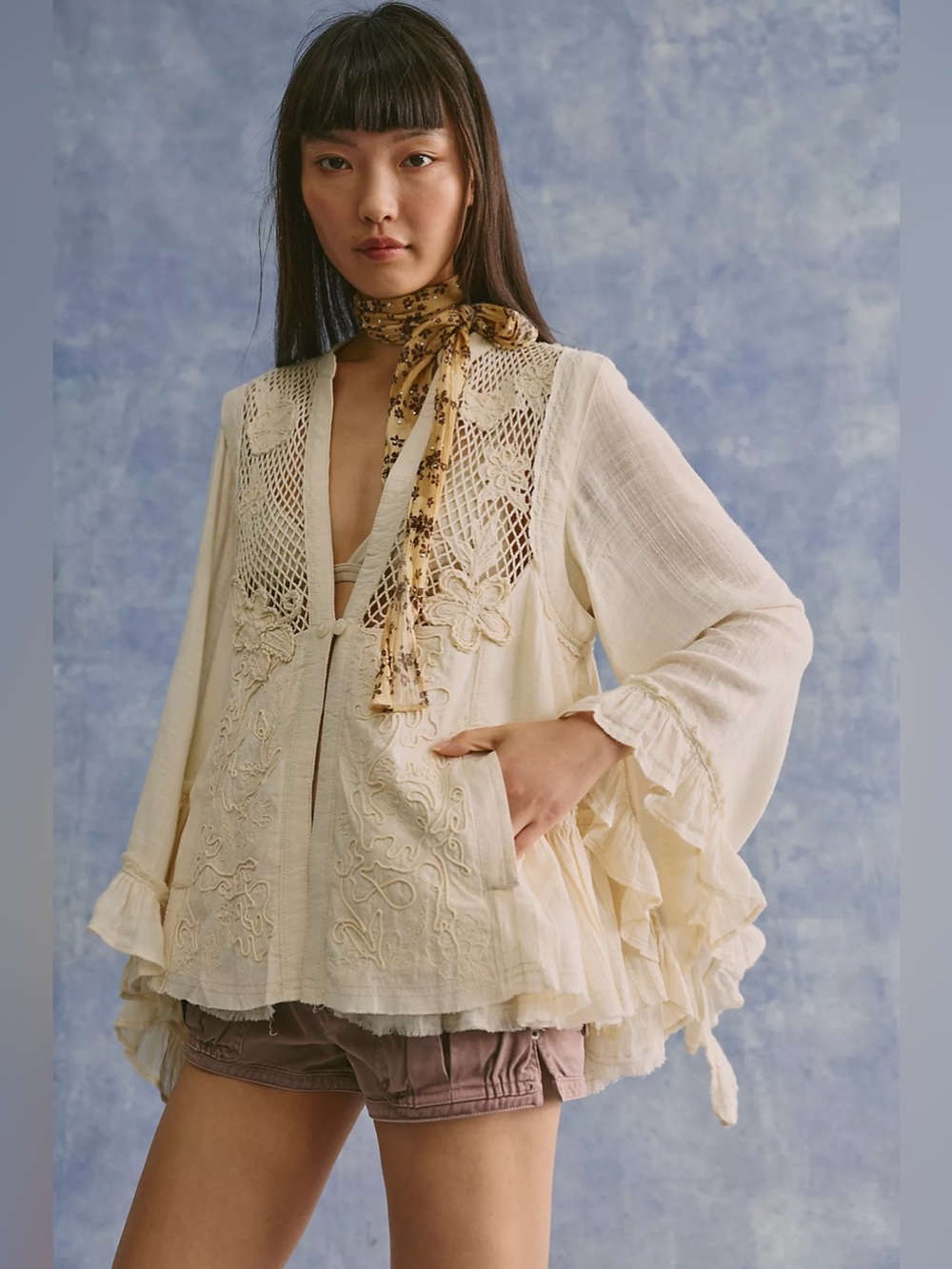 Free People Womens Jacket Ivory Size S Amalfi Stand Collar Button-Front Ruffled